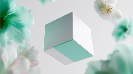 Poster - Floating cube surrounded by soft turquoise flowers creates a serene and modern atmosphere in a minimalist setting