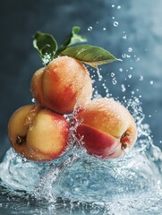 Poster - Fresh peaches cascade with water droplets creating a refreshing and vibrant still life composition with a cool background