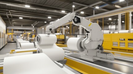 Poster - Robotic arm handling fabric rolls in a textile automation setup