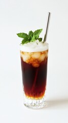 Poster - Refreshing iced coffee with mint garnish on a white background captures the essence of a cool summer beverage in a glass with metal straw