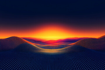 Poster - A digital landscape at sunset, rendered as a network of lines and points.