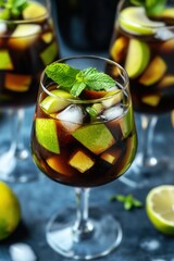 Poster - Refreshing sangria in a glass with lime apple and mint on a dark background a vibrant and inviting image perfect for summer celebrations