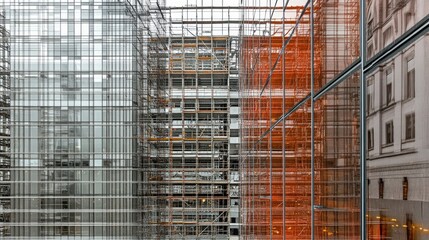 Poster - Steel framework of a modern commercial building under construction with scaffolding