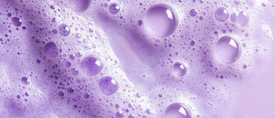 Poster - Gentle lavender foam with glistening bubbles creates a soothing and clean aesthetic in a macro shot for spa product background