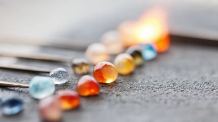 Poster - Colorful Glass Beads Melting Under Heat with Iridescent Reflection on Surface