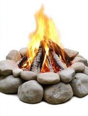 Poster - Warmth of Bonfire Radiating Against White Backdrop with Stones and Wood Creating a Cozy Ambiance