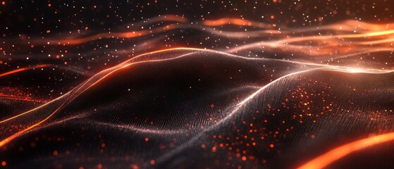 Poster - abstract glowing particle waves on dark background digital art with sparkling orange light effects