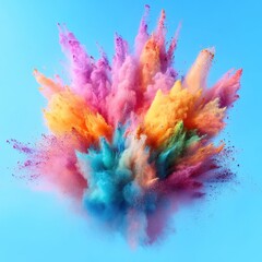 Poster - Vibrant explosion of colorful powder against a serene blue backdrop creating a dynamic and artistic display of vivid hues and shades in a captivating composition