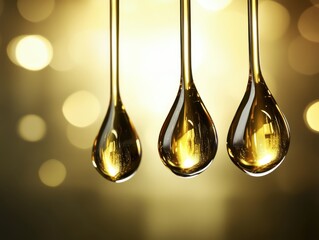Poster - Golden liquid droplets suspended against a blurred bokeh backdrop creating a luxurious and elegant visual texture for cosmetic or culinary applications