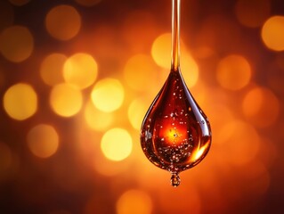 Poster - Golden Liquid Drop Suspended Against Warm Bokeh Background Capturing Viscosity and Reflective Qualities in Macro Detail for Stock Photography