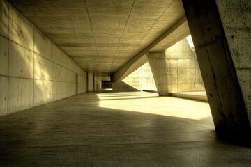 Poster - Concrete Hallway with Geometric Architecture and Dramatic Lighting Casting Shadows on the Walls and Floor Creating a Modern and Minimalist Aesthetic