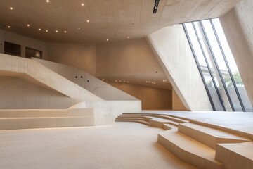 Poster - Minimalist architectural interior with concrete stairs and natural light creating a modern and spacious atmosphere design and style