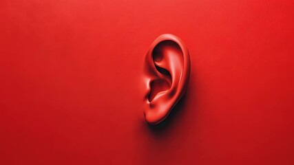 Aufkleber - Medical grade plastic anatomical model of human ear gently rotating against red background, showcasing intricate details vital for educational and diagnostic visual content