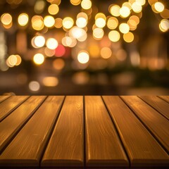 Poster - Warm inviting wooden table surface with blurred bokeh lights background perfect for product display