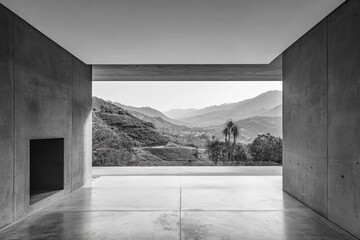 Poster - Serene Vista from Modern Concrete Interior Minimalist Design with Mountain View and Palm Trees in Black and White Architecture Photography
