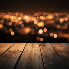 Poster - Atmospheric night city lights bokeh background with rustic wooden table surface for product display
