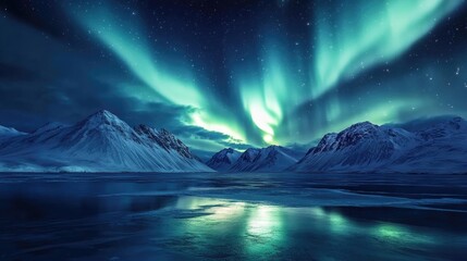 northern lights over snowy mountains with frozen ocean at night