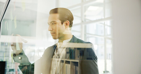 Aufkleber - Business, glass wall and man with creativity, thinking and planning with ideas for proposal. Choice, employee or sales consultant in workplace, problem solving or brainstorming for project or writing