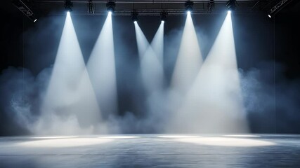 Poster - Spotlights illuminating an empty stage abstract background filled with smoke, creating a dramatic and atmospheric setting video 4k