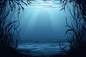 Poster - Ethereal underwater scene with sun rays filtering through water and silhouettes of aquatic plants