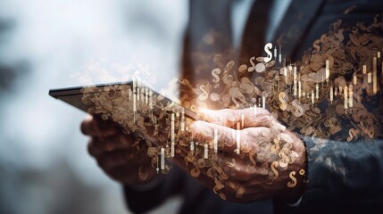 Poster - Double Exposure of Currency Symbols and Financial Data on Tablet