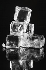 Poster - captivating stack of ice cubes on reflective surface against dark backdrop showcasing cold refreshme