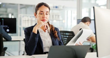 Aufkleber - Finance, laptop or businesswoman reading paperwork for research, economy or profit evaluation. Budget, financial advisor or economist with documents for revenue growth, news and investment report