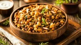 Stuffing with brown rice, lentils, and roasted almonds, served with a side of yogurt dressing on a rustic wooden tray