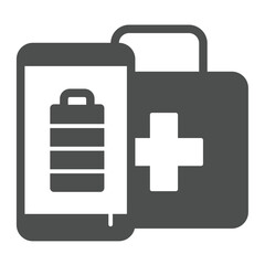 Poster - Smartphone and first aid kit solid icon, eco tourism concept. Vector graphics. Charged phone and medical briefcase, kit sign on white background, glyph style icon for mobile or web design.