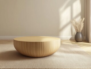 Poster - Serene interior scene showcasing a minimalist wooden coffee table on a textured rug with soft natural light and a vase of pampas grass