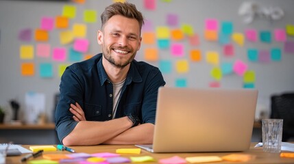 Poster - Smiling Tech Startup Founder with Laptop and Colorful Sticky Notes