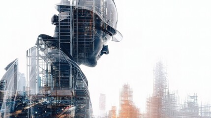 Poster - Double Exposure of Construction Worker with City Skyline Background