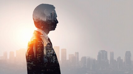 Poster - Double Exposure of Businessman Silhouette with Urban Skyline