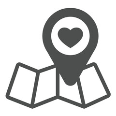 Poster - Map and location pin with heart solid icon, charity concept. Vector graphics. Donation point, map sign on white background, glyph style icon for mobile or web design.