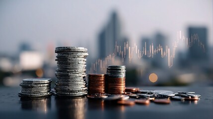 Poster - Layered Coins with Forex Graph and Urban Background