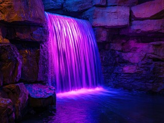 Poster - Enchanting waterfall cascading through rocky terrain illuminated by vibrant neon purple and blue lights creating a magical and serene atmosphere with a low angle shot