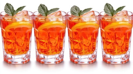 Poster - Refreshing Aperol Spritz in Elegant Glasses with Orange Slice and Mint Garnish on White Background