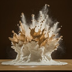 Poster - Dynamic studio shot capturing a mesmerizing milk and chocolate powder explosion on a wooden surface creating an abstract liquid art