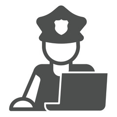 Fototapete - Police officer with hat and laptop solid icon, law and order concept. Vector graphics. Man with computer database, policeman sign on white background, glyph style icon for mobile or web design.