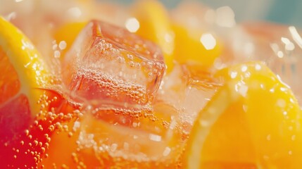Poster - Refreshing summer drink with orange slices and ice cubes sparkling in sunlight close up shot