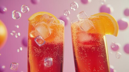 Poster - Refreshing spritzer cocktail with orange slice and ice cubes on pink background in a studio shot with bubbles and bright light