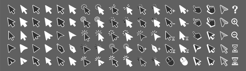 Fototapete - Computer mouse click cursor isolated on transparent. Cursors icons click set. Cursor set in hand, arrow and mouse forms, hand pointer.