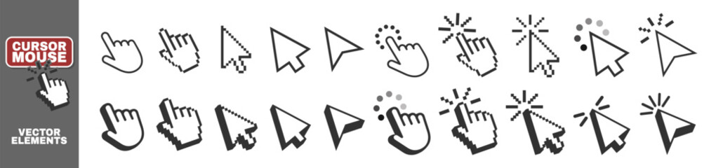 Poster - Cursors icons click set isolated on transparent. Pointer cursor and loading icon. Clicking cursor, pointing hand clicks icons.