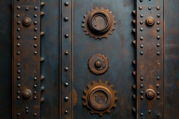 Poster - detailed steampunk texture with gears and rivets on dark metal surface for industrial background and