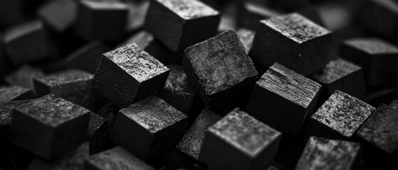Poster - Abstract monochrome composition of dark wooden cubes creating a textured geometric background with shallow depth of field