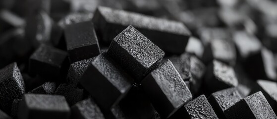 Poster - Abstract monochrome composition of textured black cubes creating a geometric pattern with a dark and moody background
