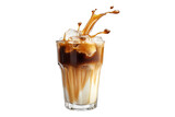 Splashing iced coffee with cream in clear glass full of ice cubes isolated on transparent background