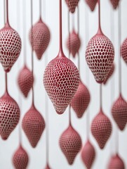 Poster - Artistic Arrangement of Red Hanging Ornaments with Intricate White Honeycomb Pattern and Soft Focus Background Creating a Contemporary and Minimalist Aesthetic