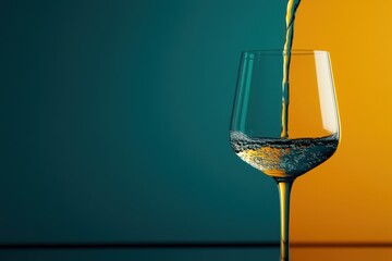 Poster - Elegant wine glass being filled with clear liquid against a vibrant teal and gold background creating a sophisticated and refreshing visual