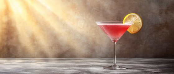 Poster - Elegant cosmopolitan cocktail with lemon slice against a textured backdrop in warm sunlight ambiance for refined taste